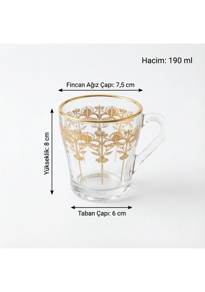 Akasya Altın Yaldızlı Kazıma Model - El Boyama 6 Kişilik Cam Çay Fincan Seti 6 X 190 Ml Gold