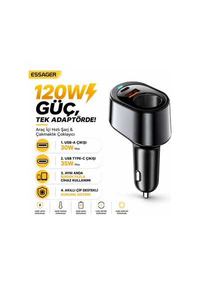 Essager 120w Süper Hızlı Araç Şarj Cihazı 35w Type-c + 30w Usb Hızlı Şarj Ve 85w Çakmaklık Çoklayıcı