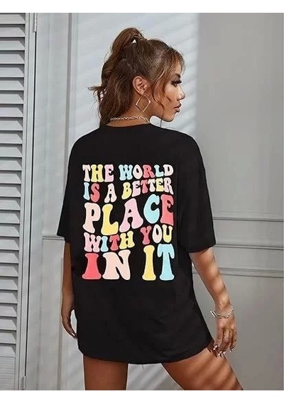 Kadın Bisiklet Yaka Baskılı T-shirt - Siyah Siyah