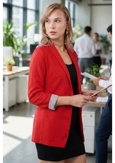 Armonika Kadın Kırmızı Kol İçi Çizgili Tek Düğmeli Ceket Arm-22k001122