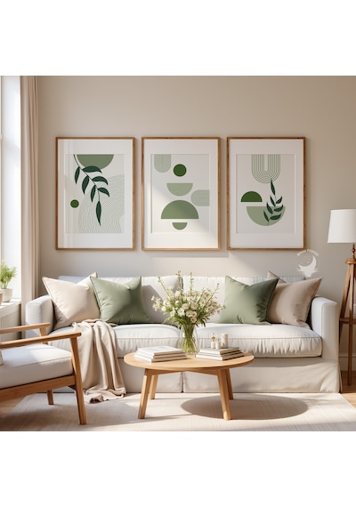 3'lü Yeşil Bohem Poster Seti Modern Minimalist Duvar Dekoratif Baskı