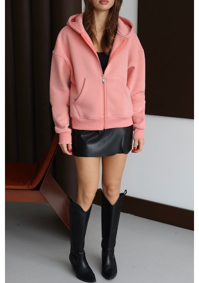 Balenbi Kadın 3 İplik İçi Polarlı Kapüşonlu Oversize Sweat Hırka 1110 Somon