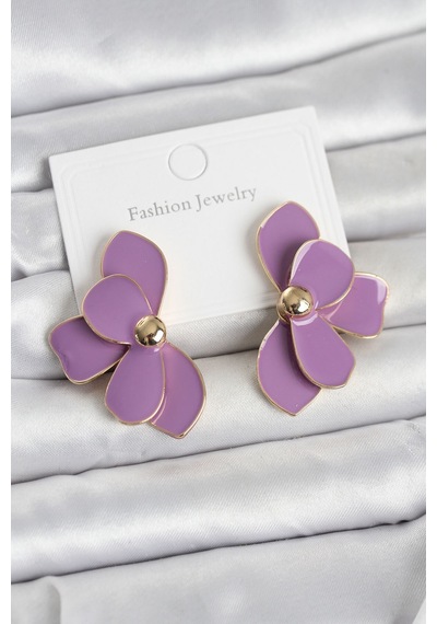 Mor Mineli Lotus Model Pirinç Kadın Küpe - Mor