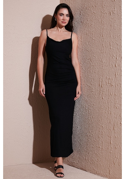 Lela Büzgü Detaylı Slim Fit Yırtmaçlı Uzun Boy Asimetrik Yaka Bayan Elbise 5866291 Siyah