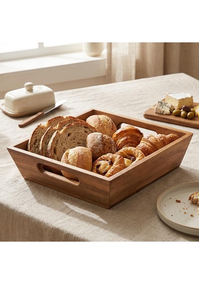 Akasya Ekmek Sepeti 20 X 20 Cm, Kulplu Ahşap Ekmeklik, Kare Kahvaltı Ve Sunum Sepeti, Poğaça, Kruvasan, Sandviç, Meyve Ve Atıştırmalık Servis Kutusu Çok Renkli