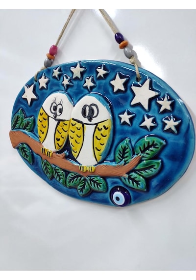 Seramik Aşık Baykuşlar Nazarlık Dekor Ve Duvar Süsü 33X23 Cm