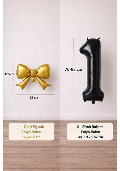 Gold Fiyonk & Siyah 1 Rakam Folyo Balon Seti Gold Siyah