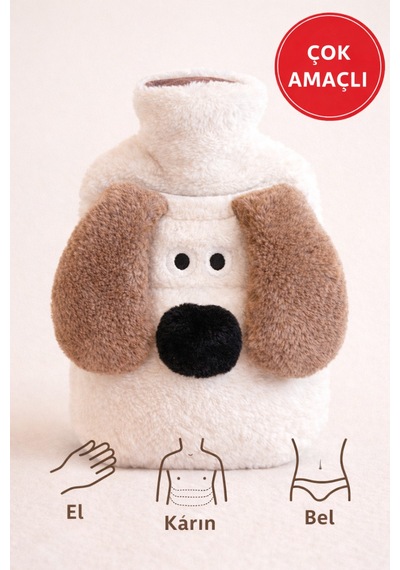 Beyaz Gromit Figürlü Eldivenli Sıcak Su Torbası Peluş Kılıflı, Karın El Isıtıcı Renkli