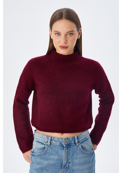 Mixray 6854 Kadın Dik Yaka Bütün Crop Triko Kazak Bordo