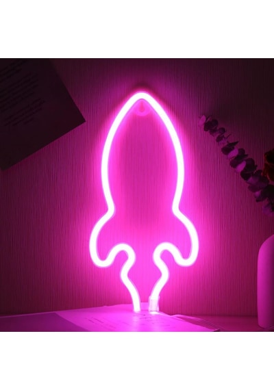 Neon Renkli Pembe Roket Pilli ve Usbli Çocuk Odası Duvar Gece Lambası Çok Renkli