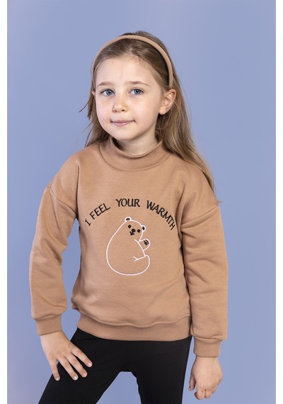 Toontoy Kız Çocuk Nakışlı Balıkçı Yaka Pamuklu Sweatshirt Kahverengi