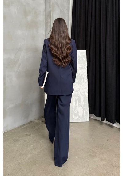 Msm Fashion Kadın İkili Blazer Ceket Pantolon Takım Aksesuar Ve Düğme Detaylı Bol Paça Lacivert Msm Fashion Kadın İkili Blazer Ceket Pantolon Takım Aksesuar Ve Düğme Detaylı Bol Paça Lacivert