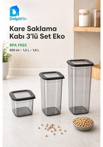 Kare Saklama Kabı 3'lü Set Siyah 650-1300-1900 Ml