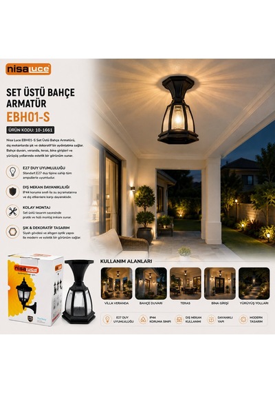Nisaluce Ebh01-s Set Üstü Sokak Lambası Ve Armatür - E27, Ip44, Siyah, 60w, Bahçe Ve Balkon