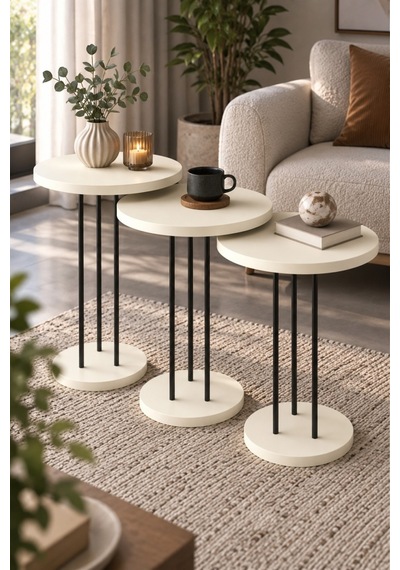 Sulorahome Metal Terra Zigon Sehpa Takımı Krem Bej 3'lü