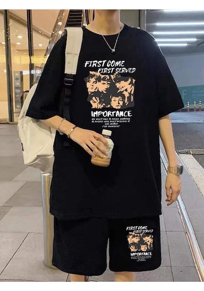 Unisex Oversize F-c-f-s Baskılı Siyah Bisiklet Yaka T-shirt Şort Siyah