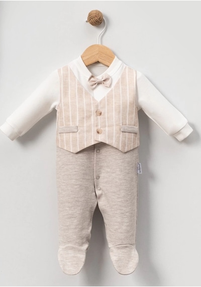Lamato Baby İnce Çizgili Yelekli Bebe Erkek Tulum Bej
