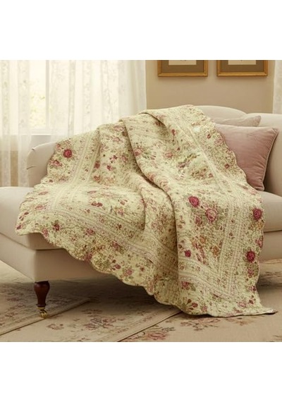 Klasik Geleneksel Çiçek - 100 Pamuk Kapitone Örtü Battaniye 127 X 152 Cm Ekru Diğer