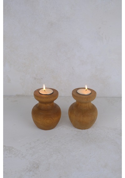 2 Li Büyük Nar Model Tealight Ahşap Şamdan Seti Dekoratif Şamdan