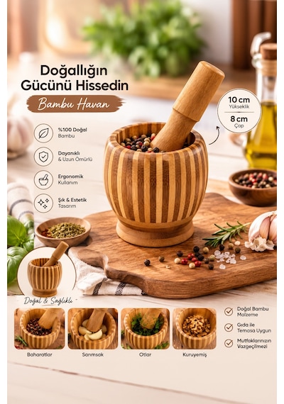 Porsima Pbt-409 Doğal Bambu Havan - Sarımsak Döveceği Ahşap Sarımsak Ezici Havan Döveç Ahşap