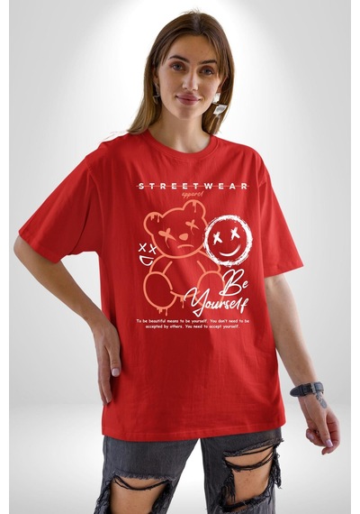 Yükseliş İçin Kendin Ol Pamuklu Bisiklet Yaka Unisex Oversize Boyfriend Dijital Baskılı Kırmızı T-shirt Kırmızı