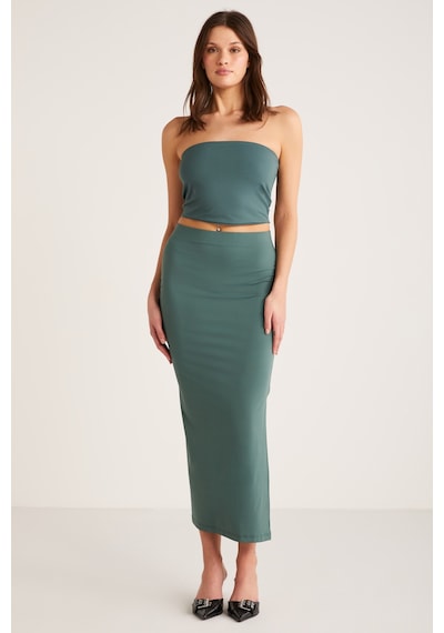 Ethıquet Madıson Kadın Slim Fit Dar Kesim Vücuda Oturan Yırtmaç Detaylı Beli Lastikli Örme Yeşil Ete