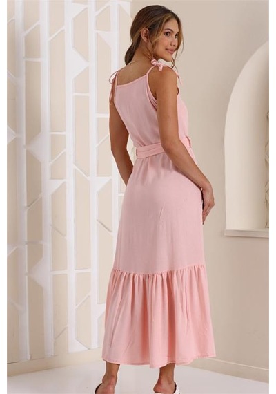 Neşeli Butik Kadın Kirinkil Askılı Eteği Fırfırlı Uzun Elbise Kklf32 Pudra