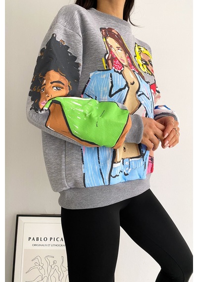 Femelle Kadın Gri 3 İplik Şardonlu Baskılı Oversize Pamuk Sweatshirt