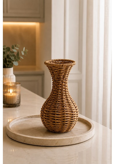 Qerhome Rattan Hasır Dekoratif Vazo - Dekoratif Obje Mln-11432 Ahsap