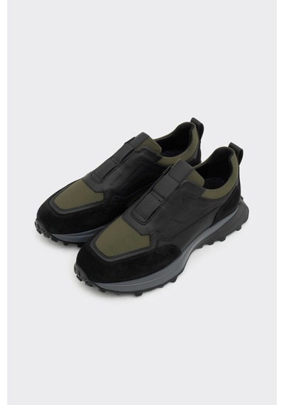 Derinet Hakiki Deri Comfort Taban Erkek Sneaker Siyah Haki Siyah Haki