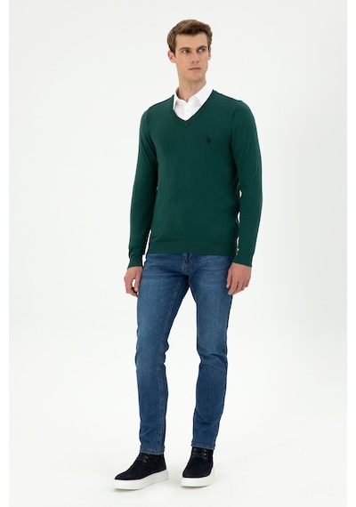 U.S. Polo Assn. Erkek Slim Fit V Yaka Koyu Yeşil Basic Kazak 50293512-VR079