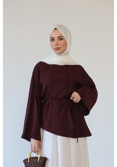 Moonsc Kadın Asimetrik Kesim Bel Bağlamalı Modal Tesettür Tunik Mürdüm