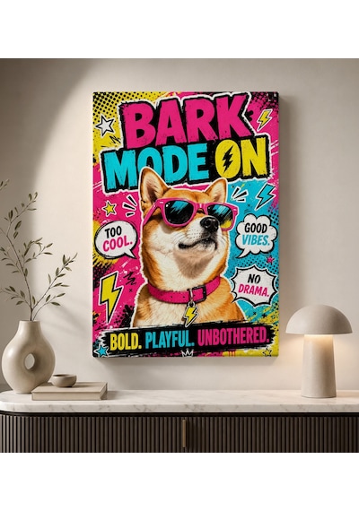 Bk Gift Bark Mode On Yazılı Güneş Gözlüklü Shiba Inu Köpek Pop Art Renkli Kanvas Duvar Tablosu 50x70 Cm Bitmeyencom38249 Bk Gift