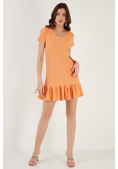 Lela Regular Fit Fırfırlı V Yaka Bürümcük Mini Bayan Elbise 5865071 Açık Oranj