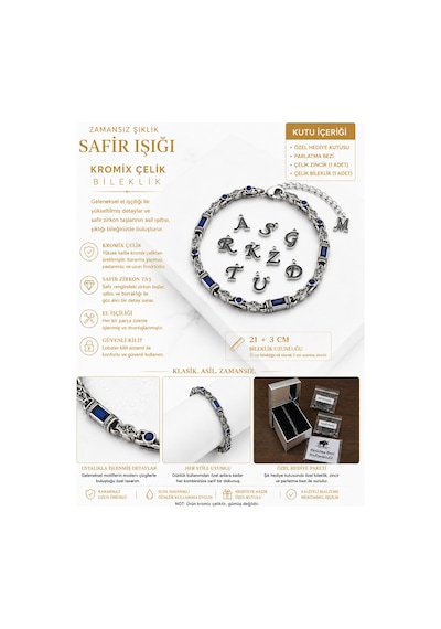 Rodyum Gümüş Kaplama B-101 Kromix Çelik Erkek Bilelik 3+1 Gravürlü Otantik Safir Rengi Zirkon Taşlı Harfli 5 Mm Kalınlık Gümüş