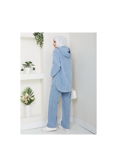 Hb Harma Time Butik Kadın Kapüşonlu Cepli Kot Mavi Tunik Pantolon Takım Mavi Mavi