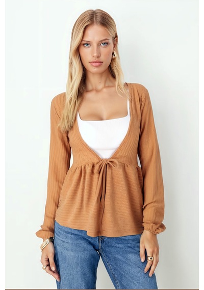 Armonika Kadın Camel V Yaka Yumuşak Dokulu Önü Bağlamalı Kolları Lastikli Triko Hırka Arm-26k001010