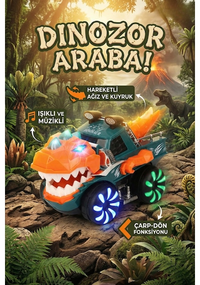Turuncu-yeşil Hareketli Dinozor Oyuncak Araba - Işıklı, Müzikli, Çarp Dön Özellikli T-rex Kamyon 2 Yaş+ Çok Renkli
