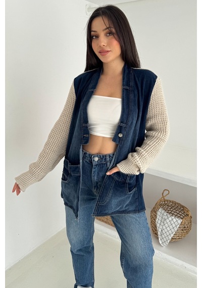 Femelle Bej Kolları Ve Sırtı Triko Kot Denim Oversize Hırka Cepli Standart Beden