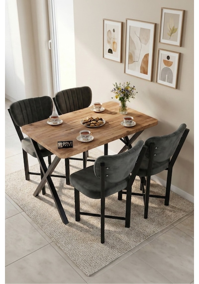 Reyo Falez Elma 110x70 Cm Masa Takımı 4 Sandalyeli Modern Mutfak Balkon Kafe Yemek Masası Seti Atlantik Çam - Antrasit 9885