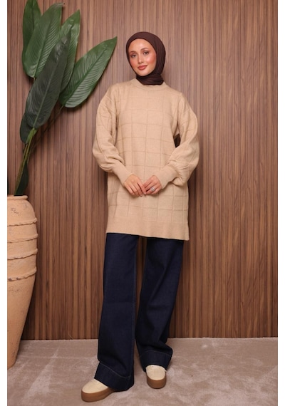 Balenbi Kare Dokulu Oversize Yumoş Tesettür Triko Tunik 7012 Bej