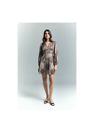 Desenli Mini Elbise - Kahve-137220