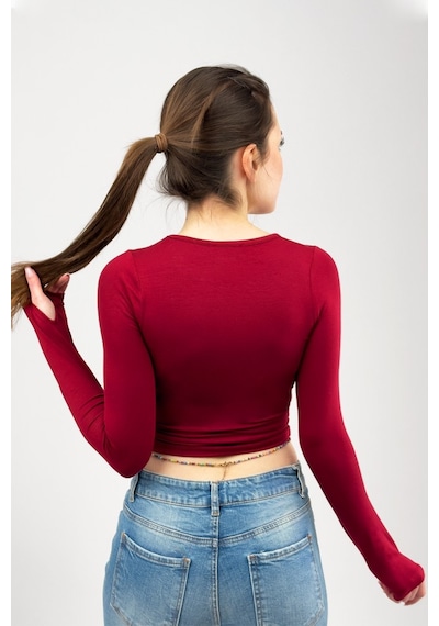 Kadın Bisiklet Yaka Parmak Detaylı Spor Body Basic Soft Touch Spor Crop Bordo