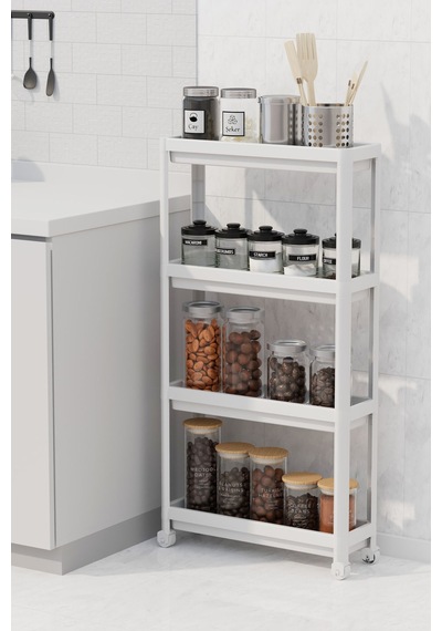 Mithra Life 4 Katlı Tekerlekli Slim İnce Beyaz Banyo Mutfak Rafı Mıt1200
