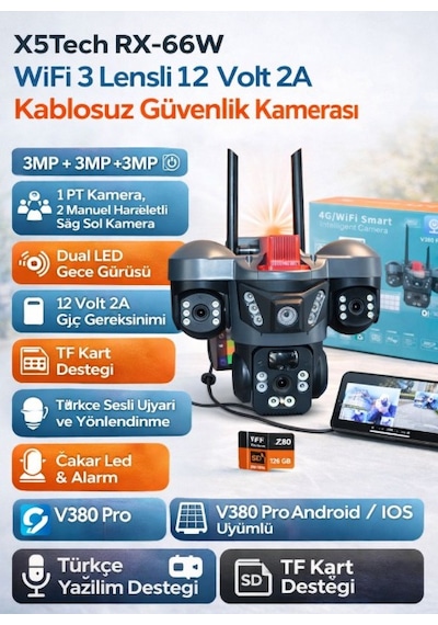 X5tech Rx-66w Wifi 3 Lensli 12 Volt 2a Kablosuz Güvenlik Kamerası