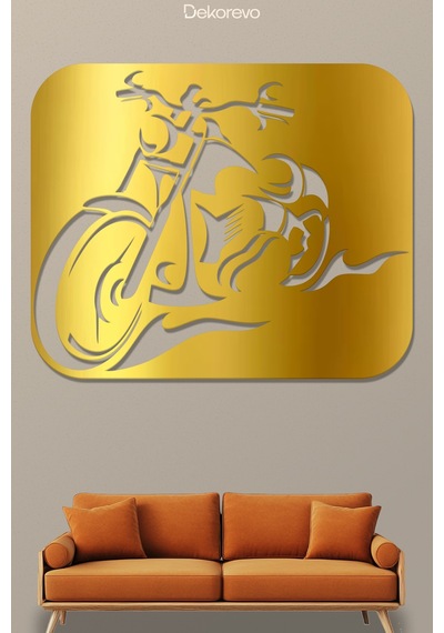 Motosiklet Metal Duvar Tablosu - Metal Duvar Sanatı - Altın - 40 X 50 Cm