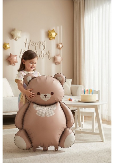 Retro Krem Fiyonklu Kahverengi Ayıcık Folyo Balon Baby Shower Parti Süsü Çok Renkli