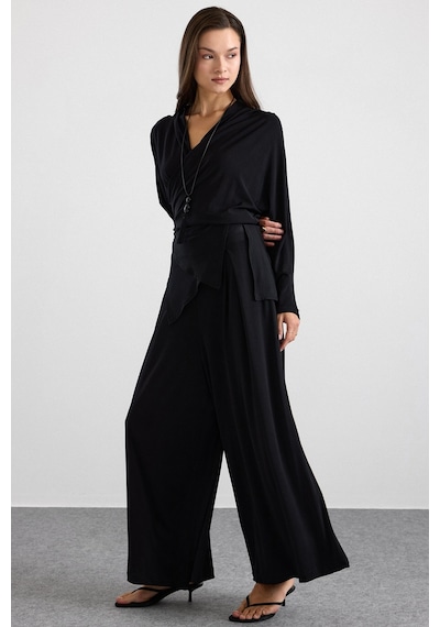 Olcay Asimetrik Kesim Şalvar Pantolon Kimono Takım Siyah 9475-tk