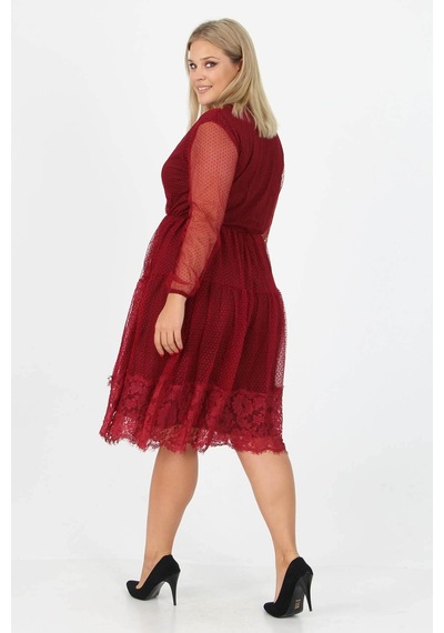 Dip Moda Kadın Astarlı Tül Büyük Beden Elbise Dpapcx14 Bordo