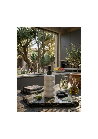Dalgalı Seramik Mat Siyah Pompalı Sıvı Sabunluk - 400 Ml - 18 X 8 X 7 Cm Beyaz